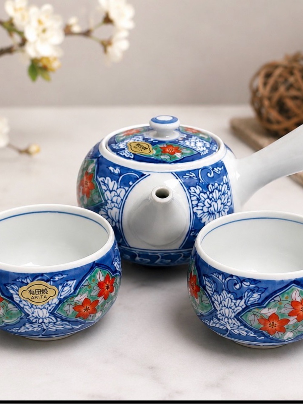 VTG 1960s Japanese Arita-yaki Tea Set – Kyusu Teapot & 2 Tea Cups – Blue Floral